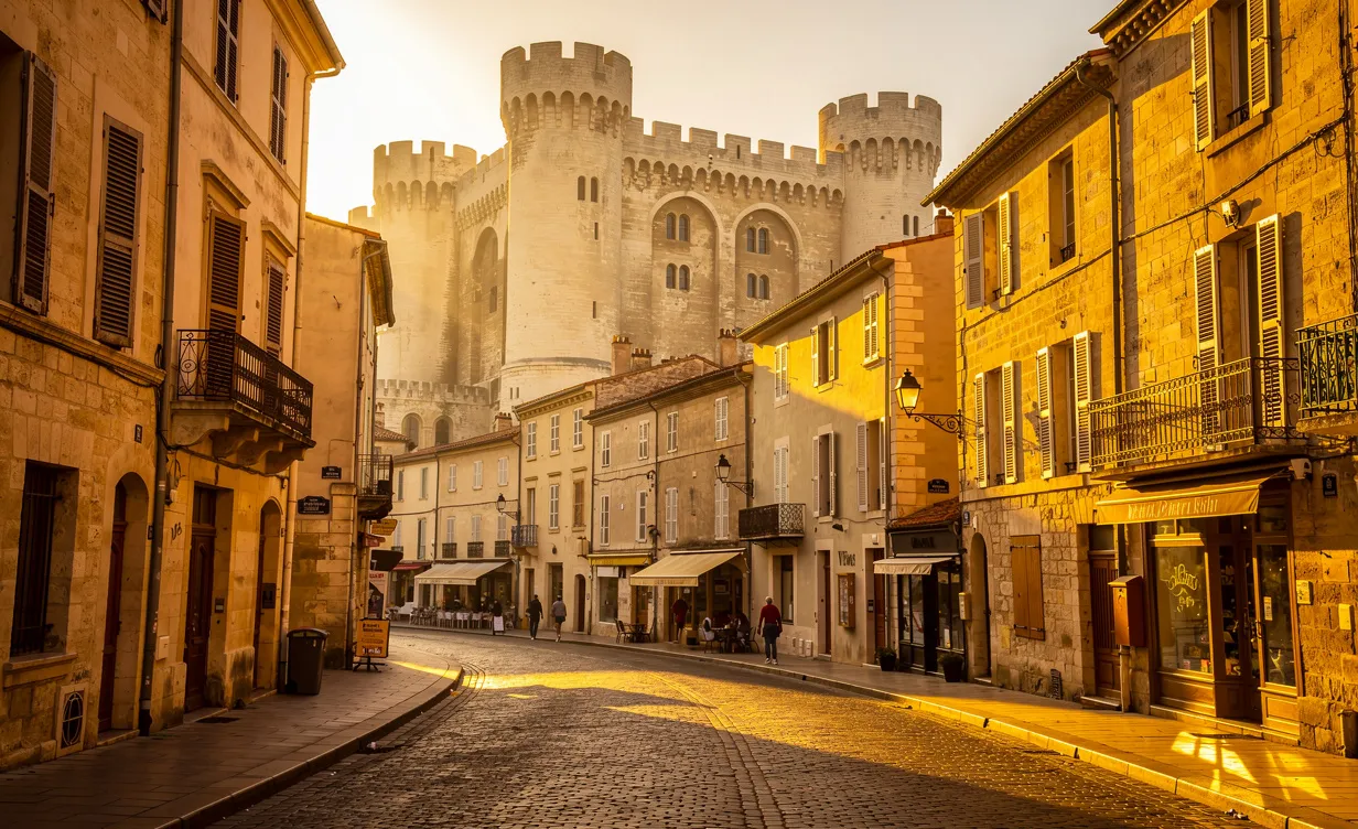 Vue photoréaliste du centre historique d’Avignon au coucher du soleil, avec des rues pavées sinueuses, des bâtiments médiévaux en pierre et le Palais des Papes à l’arrière-plan.