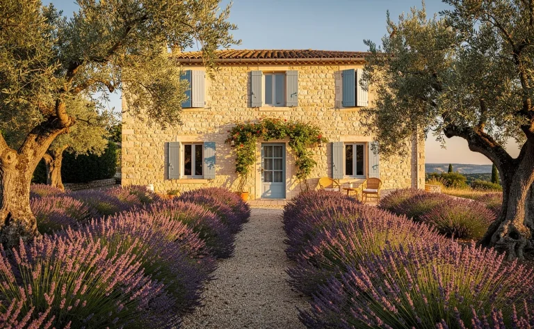 Maison d’hôtes en pierre à Uzès entourée de champs de lavande et d’oliviers sous la lumière dorée du soir.