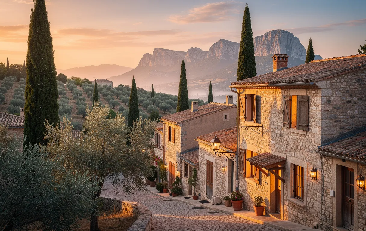 Un village de pierre entouré d’oliviers et de cyprès dans les Alpilles au coucher du soleil, avec des lumières chaleureuses aux fenêtres et des montagnes en arrière-plan.