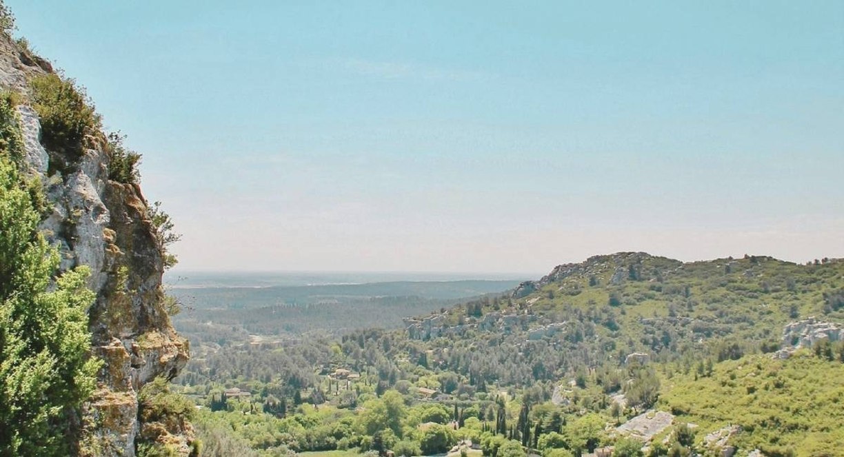 Falaise calcaire dominant une vallee boisee des Alpilles en Provence