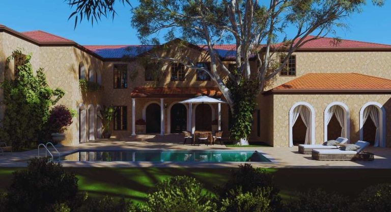 Maison mediterraneenne en pierre avec piscine bains de soleil et grand arbre